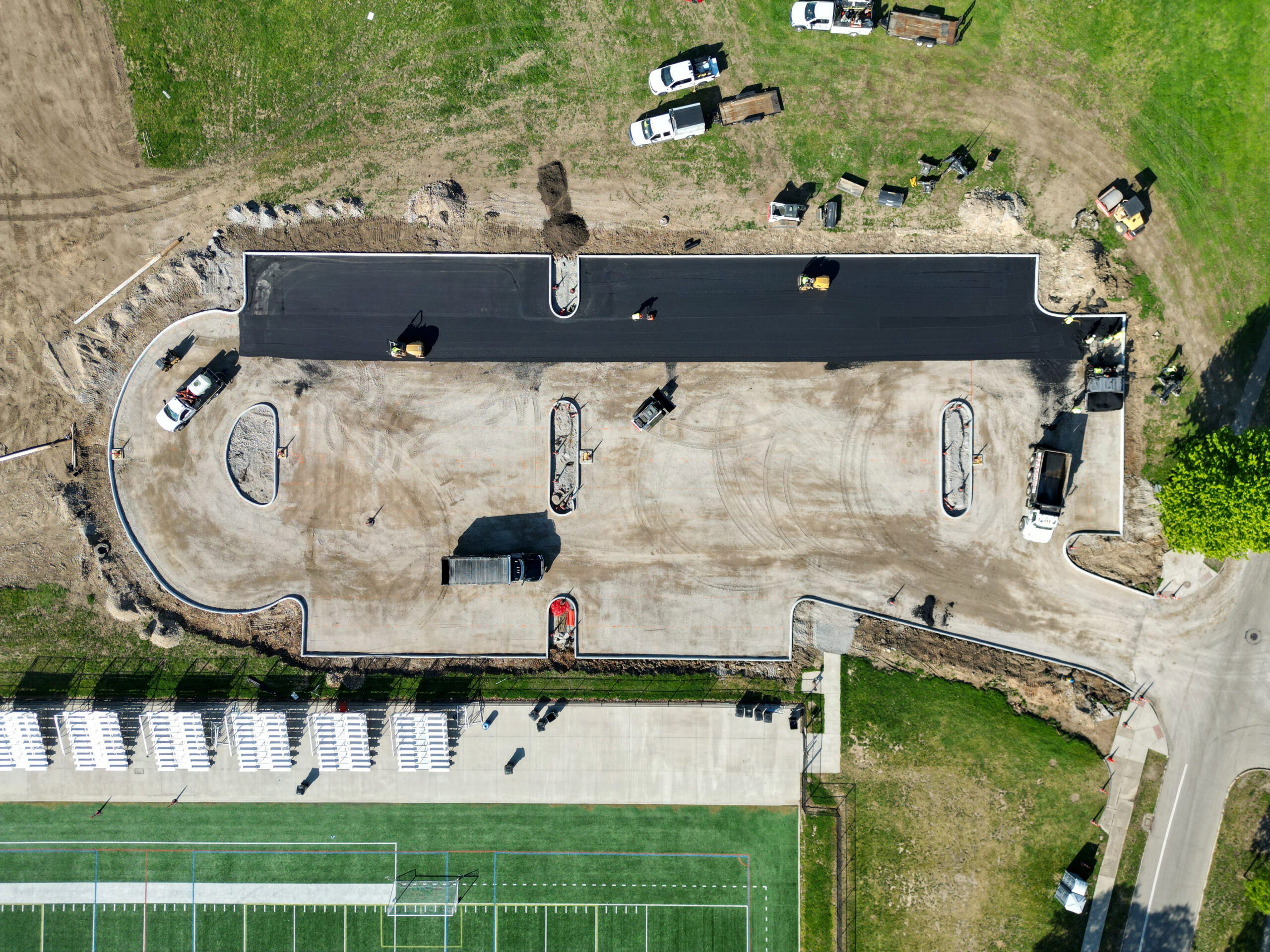 Aerial photo of new parking lot being paved at Kettering Fields