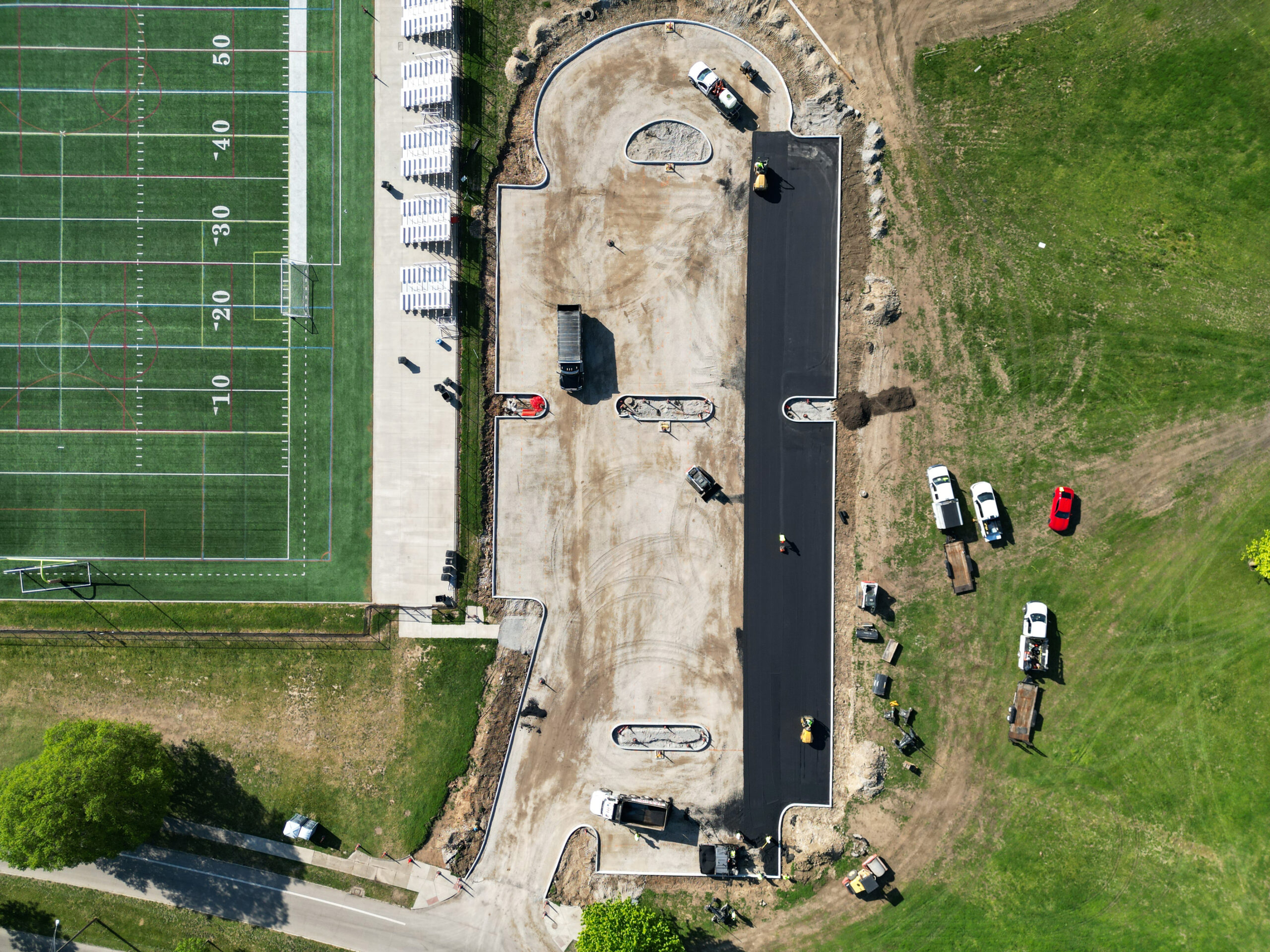 Aerial photo of new parking lot being paved at Kettering Fields